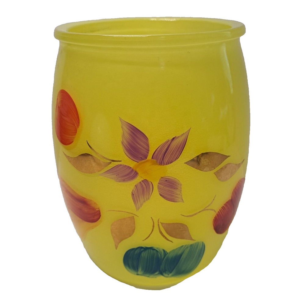 Hand-Painted Glass Vase Jar Yellow 6x4" Floral Fruit Collectible VTG Decor